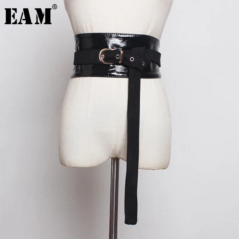 

[EAM] Pu Leather Split Joint Asymmetrical Long Belt Personality Women New Fashion Tide All-match Autumn Winter 2019 1B856