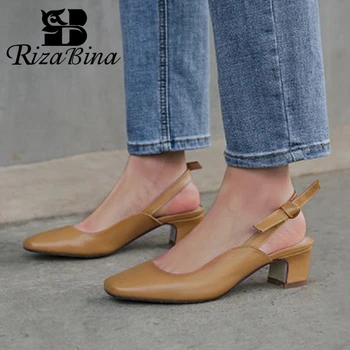 

RIZABINA Women Pumps Genuine Leather Pumps Square Toe Thick Heel Slingback Shallow Female Footwear Spring Shoes Size 34-39