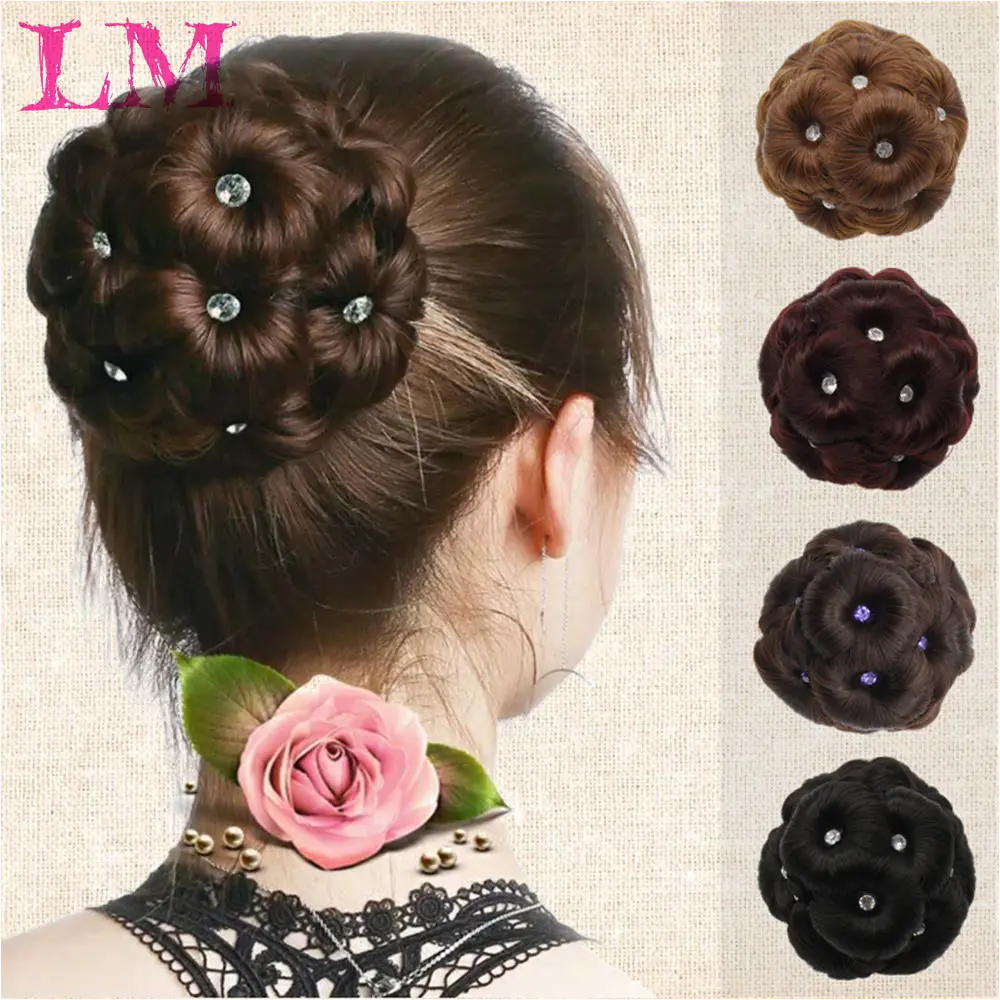 

LM More Color Fiber Chignon with 9 Flower Curly Chignon Hair Bun Donut Clip In Hairpiece Extensions Synthetic High Temperature