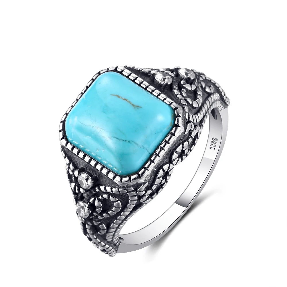 Multicolor Large Rectangular 10 * 12MM Turquoise Ring Female Engagement Wedding Party Jewelry Vintage Fine Jewelry