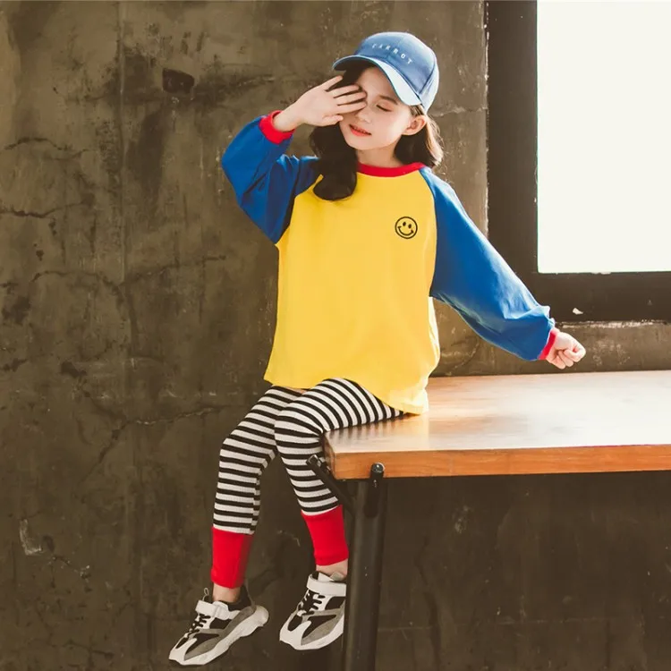 

2020 Spring Girls Western Style Mixed Colors T-shirt Stripes Leggings Set New Style Big Boy Trendy Two-Piece Set Fashion