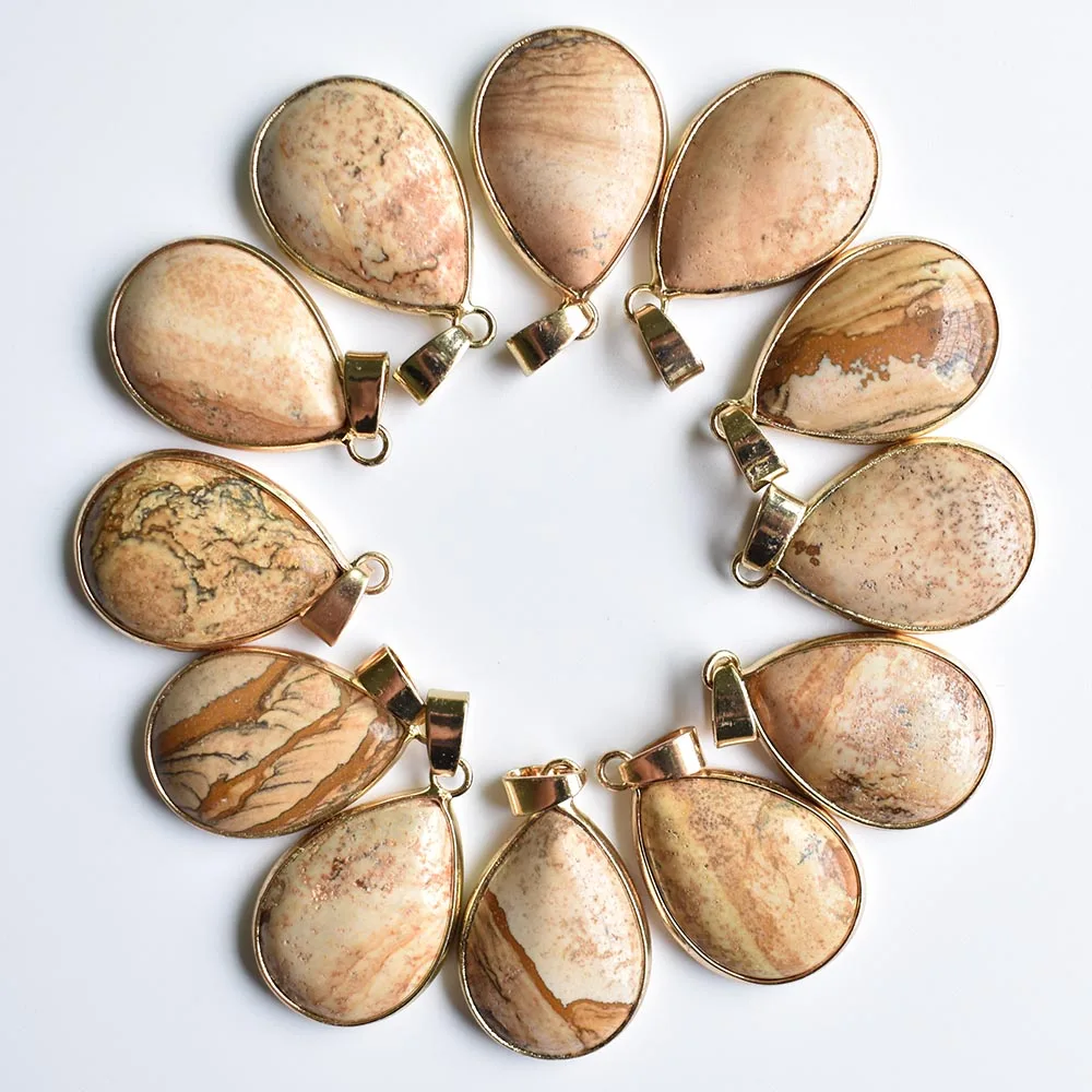 

New good quality natural picture stone gold color side water drop charm pendants for jewelry making 12pcs/lot wholesale free