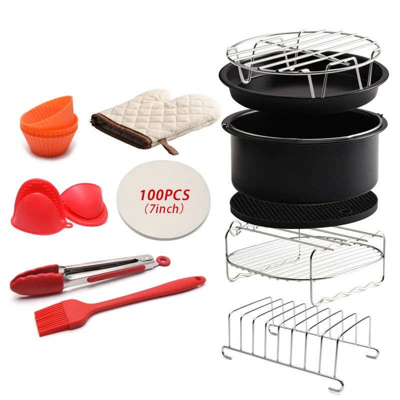 

12 Pcs Air Fryer Accessories 100 Pcs Silicone Paper 3.5-5.8qt Pizza Cake Mat Skewer Rack Metal Holder Frying Pan Bakeware