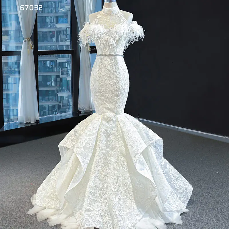 J67032 JANCEMBER Wedding Dress High Neck Feather Boat Neck Short Sleeve Lace Upb Ack Ruffle Belt Lace Applique Bridal Gown Boho 1