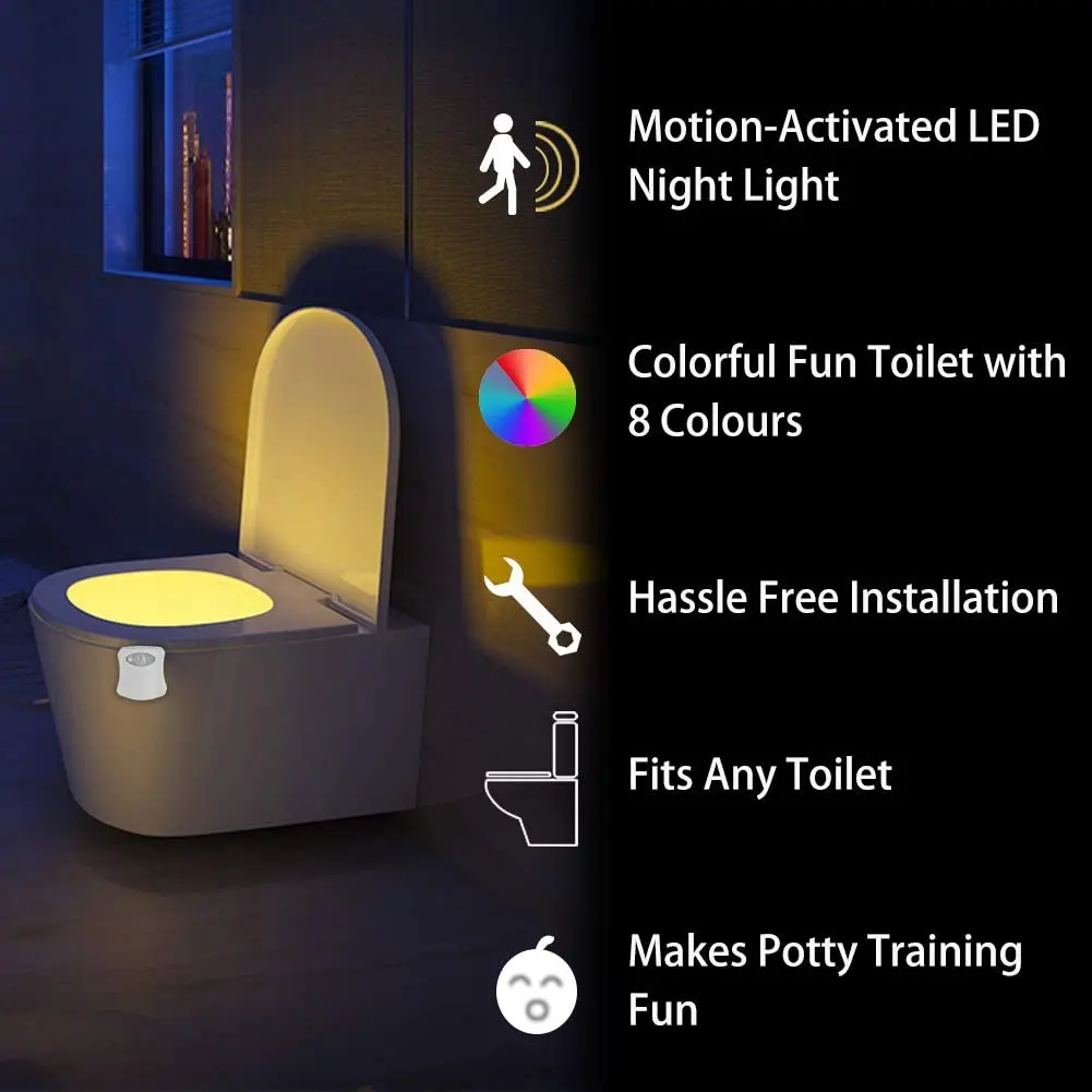 LED 8 Colors Toilet Decorative Light Waterproof Motion Sensor Bathroom Night Light with Replaceable Battery IP65 for RestroomLED bright night light