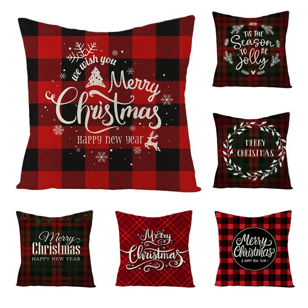 

2x 45*45cm Merry Christmas Pillow Case Plaid Geometric Pillowcase Throw Pillow Covers Snowflake Deer Zipper Poszewki Na Poduszki