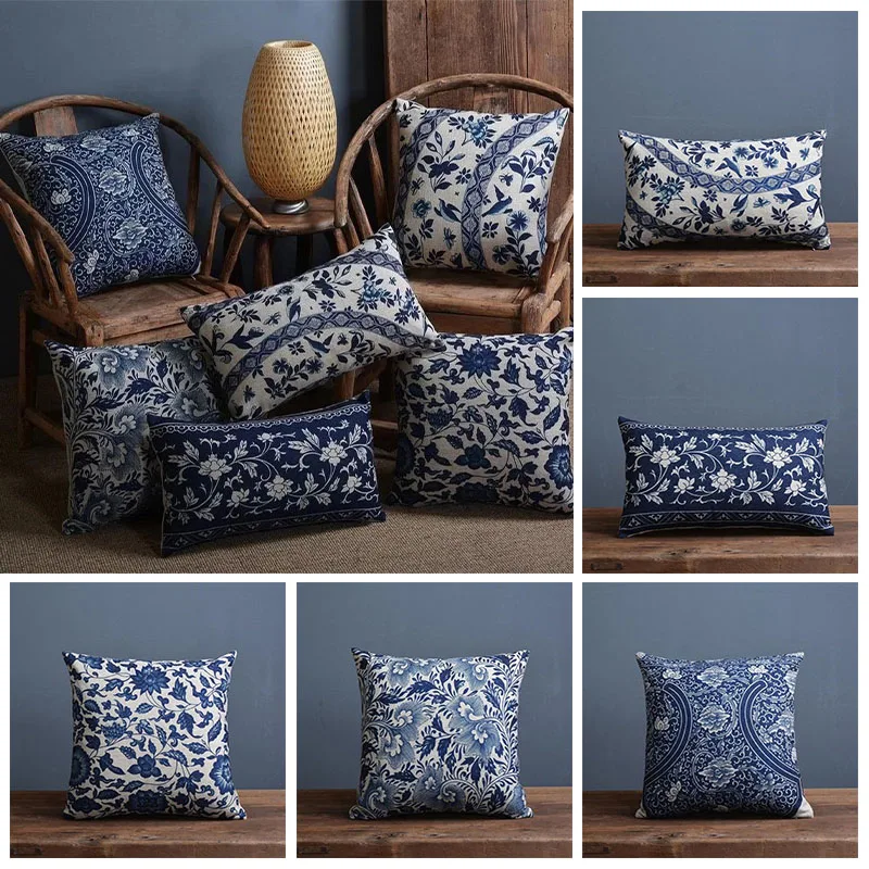 

Home Furnishing Blue and White Porcelain Cotton Linen Office Sofa Cushion Home Pillow Pillow Cover (pillow core not included)