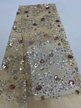 

High Quality Heavy YELLOW Color Sequin Embroidery Nigeria Lace Fabric French Mesh Suitable For Women's Dress Wedding