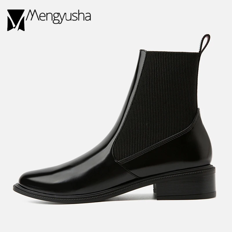

Brand Genuine Leather Martin Boots Woman Round Toe Square Low Heels Motorcycle Booties Stretch Ankle Botas Winter Snow Botines