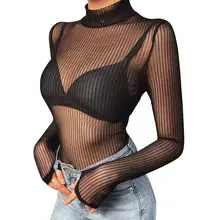 

Sexy Women T Shirt See Through Transparent Mesh Tops Long Sleeve Sheer Slim Ladies Turtleneck T-Shirt New Arrival Women tshirt