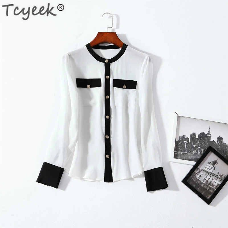 

100% Real Silk Blouse Womens Tops and Blouses Black White Shirt Elegant Long Sleeve Blusas Mujer De Moda 2020 LWL1587