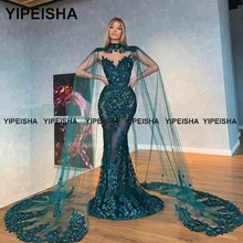 Yipeisha – robe de soirée de forme sirène, tenue de soirée de standing, longue, avec Cape, dentelle, vert foncé, deux pièces 