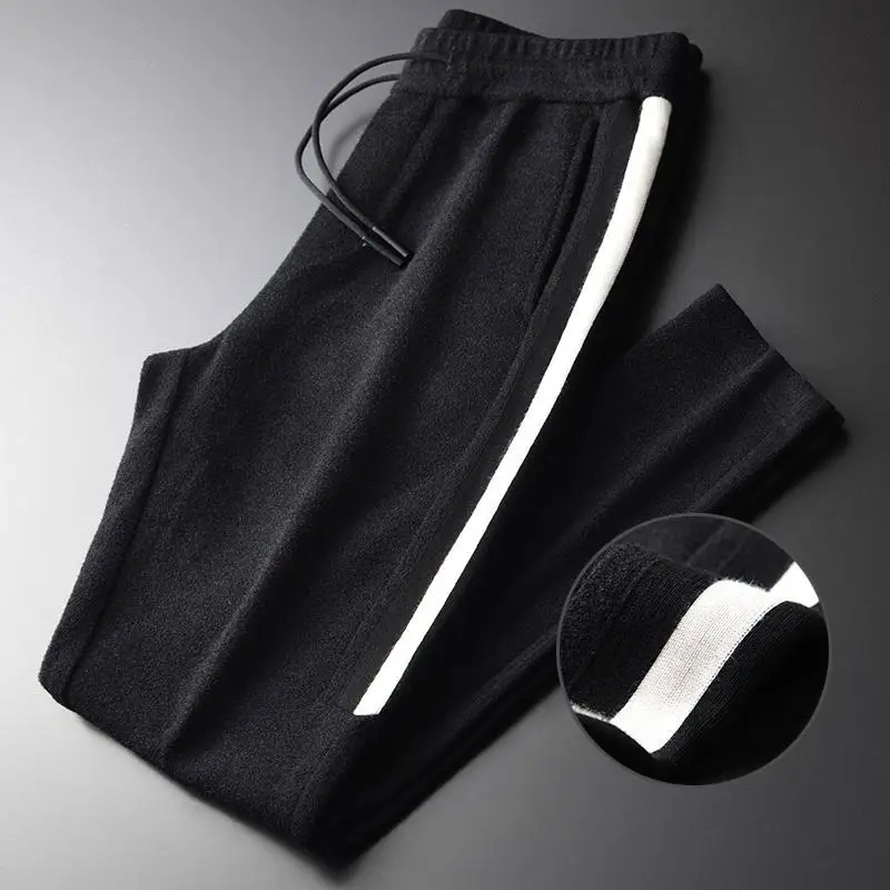 BLACKHJ1835K Толстые мужские брюки Роскошные боковые ленты опрокидывание Slim Fit Мужские брюки осень и зима эластичный пояс черные бархатные мужские брюки - Цвет: BLACKHJ1835K