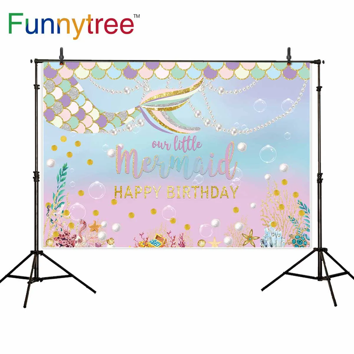 

Funnytree backdrop photozone Cartoon birthday Child mermaid seabed pearl luxurious background for photographing photo photophone