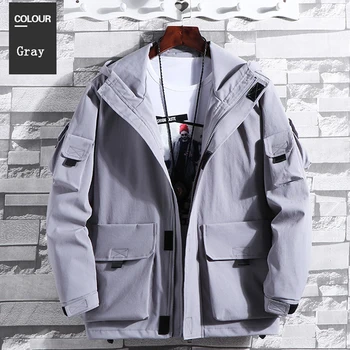 

4XL plus size men casual jacket coat solid color many pockets Tooling jacket mens fashion style Hooded jacket for autumn winter