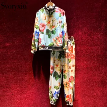 

Svoryxiu Fashion Runway Autumn Winter Casual Pants Set Women's Long Sleeve Flower Print Coat + Elastic Pants Two Piece Set