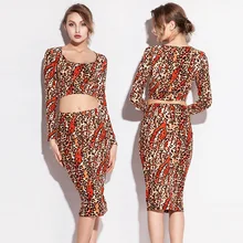 AliExpress Hot Selling Ozhouzhan WOMEN'S Dress New Style Split Type Leopord Pattern Long Sleeve Slim Fit High-waisted Sprin