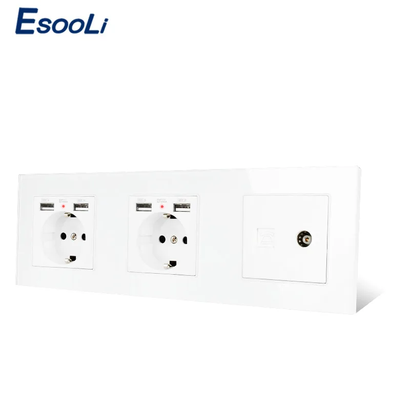ESOOLI Европейская стандартная черная стеклянная панель двойная розетка с 4 USB