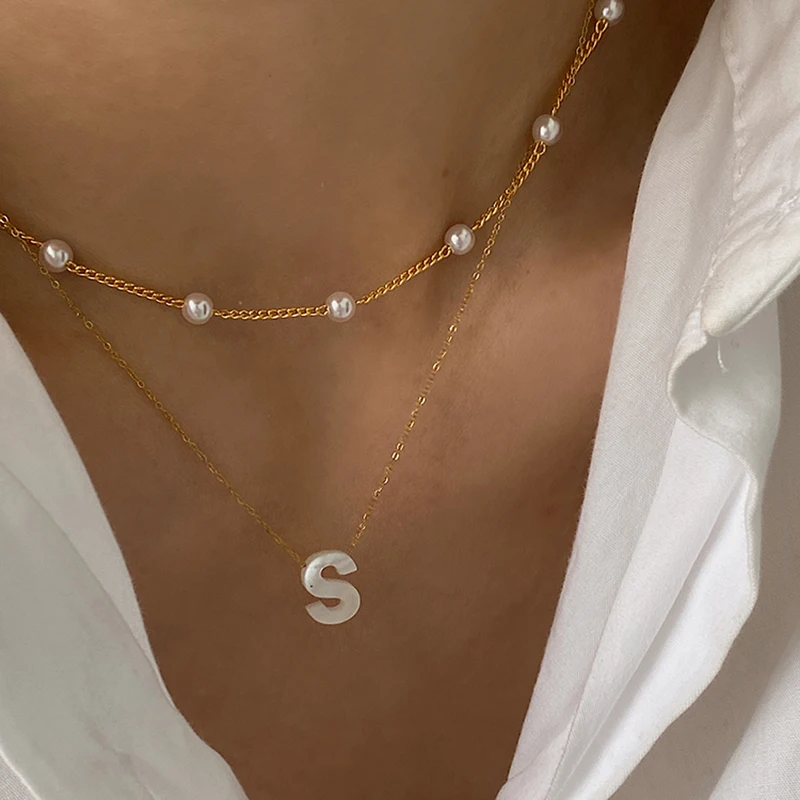 Peri’sBox Natural Sea Shell Letter Necklace Thin Chain Initial Necklaces for Women Dainty Pearl Choker Necklace Collier Coquilla