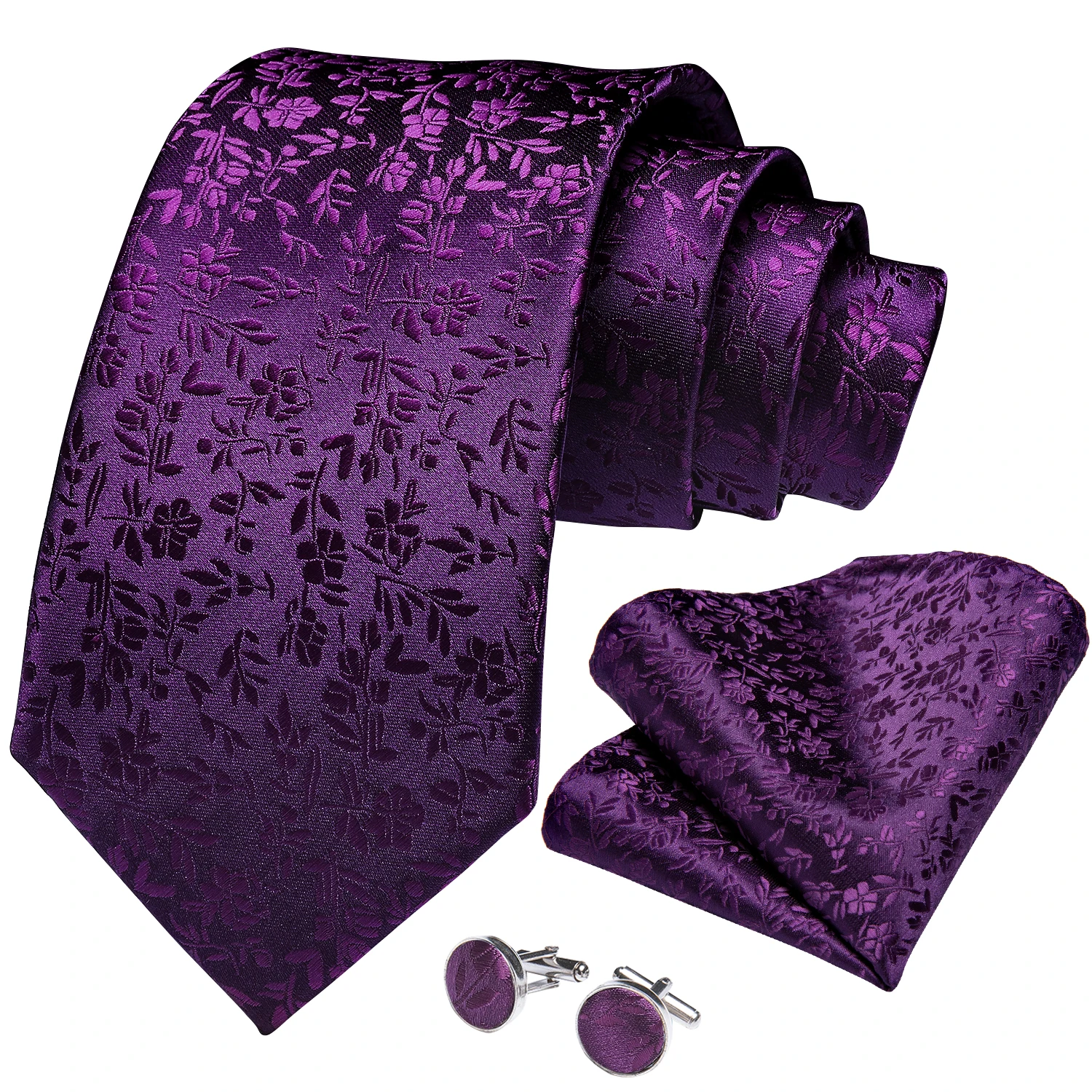 Purple Floral Silk Necktie For Men Pocket Square Set