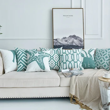 

Home Decoration Embroidered Cushion Cover Gray Blue / White Geometric Floral Canvas Cotton Square Embroidered Pillowcase 45x45cm