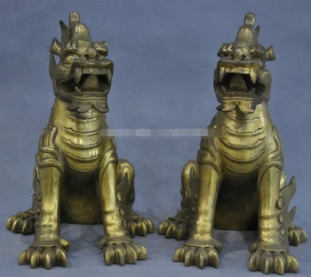 

913+++9'' China Fengshui Guardian Kylin Foo Dog Unicorn Bronze Statue Pair