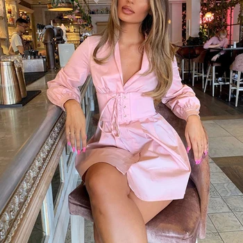 

Bikitique Deep V-Neck Tight Pleated Sexy Dress Long Sleeve Slim Fit Wrap Hip Waistband Lace Up Party Dress Women Nightclub Dress