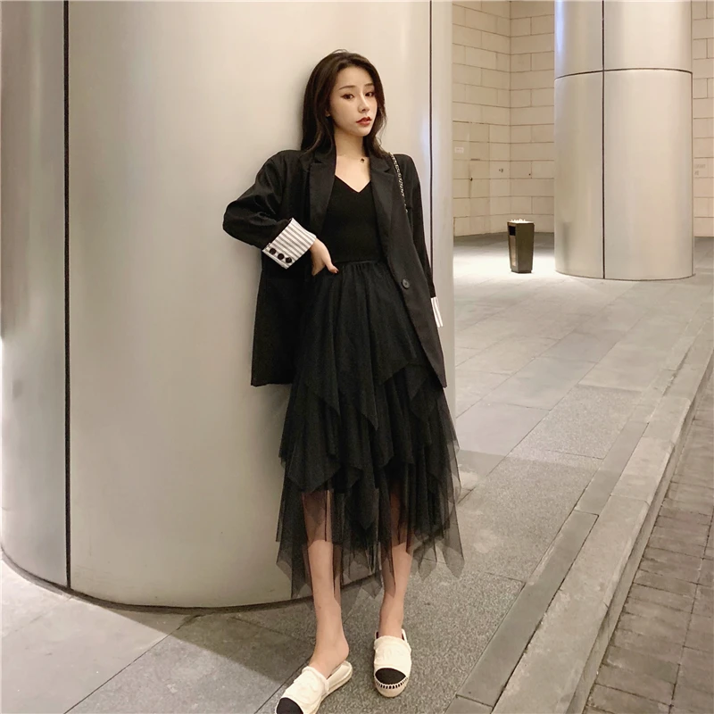 Сетчатая цена, для фотосессии, стиль, свободный крой, корейский стиль, черный и серый, маленький костюм, пальто
