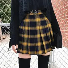 Женская плиссированная клетчатая юбка в стиле панк с высокой талией, мини-юбки для женщин, короткая трапециевидная юбка