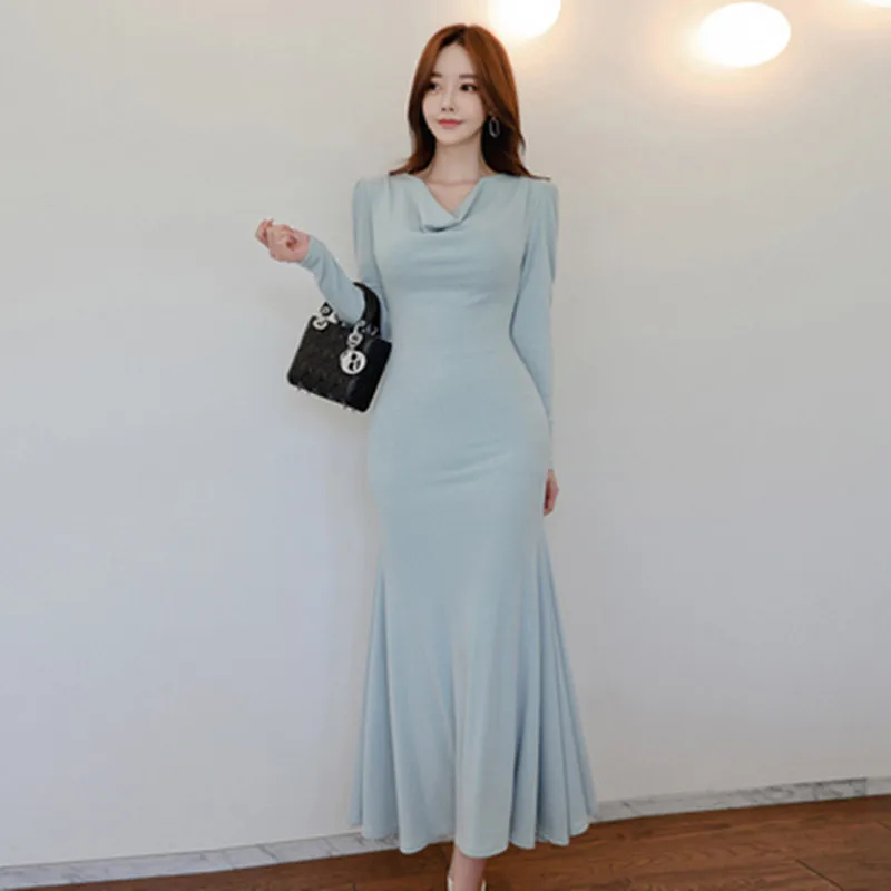 

Autumn Runway Elegant V-Neck Long Sleeve Dress Women's High-End Simple Slim Sheath Sexy Mermaid Party Long Dress