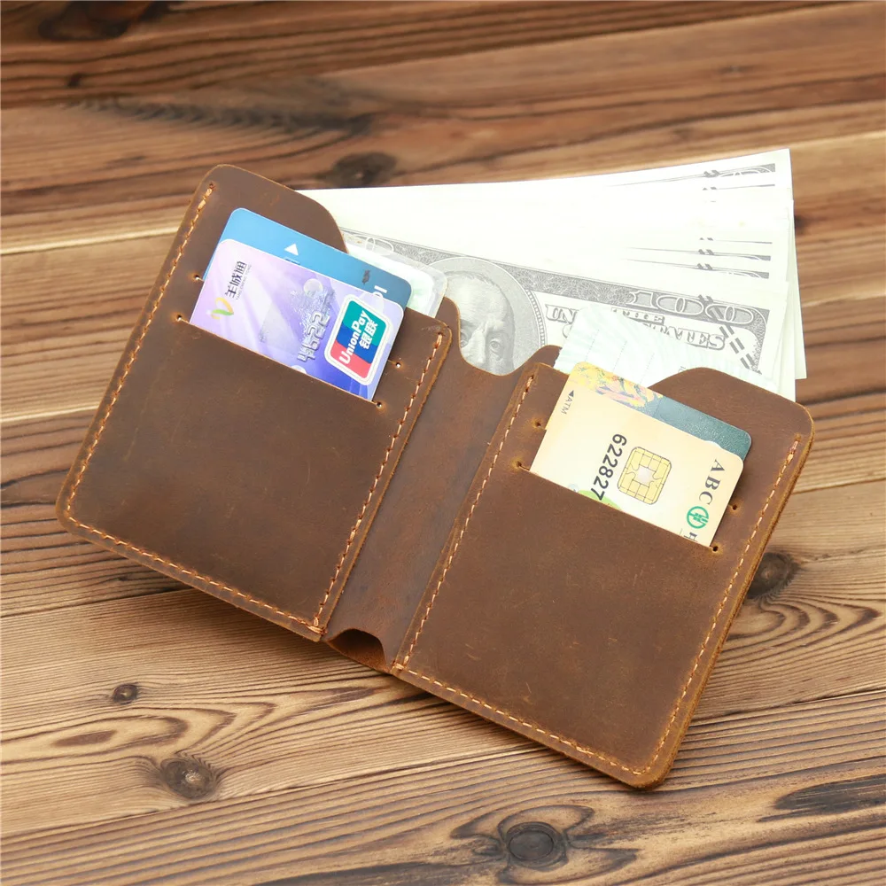 Vintage Men Leather Wallet Credit Id Card Holder Crazy Horse Leather Small Wallets for Men Money Case 5