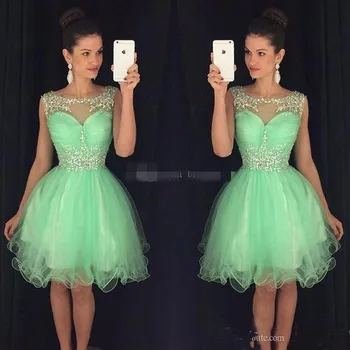 

Mint Green 2019 Homecoming Dresses A-line Scoop Short Mini Organza Beaded Ruffles Cocktail Dresses