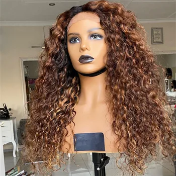 

T Part Lace Wig Human Hair With Baby Hair Highlight Kinky Curly Middle Part Remy Ombre Blonde Brown Bleached Knots For Women