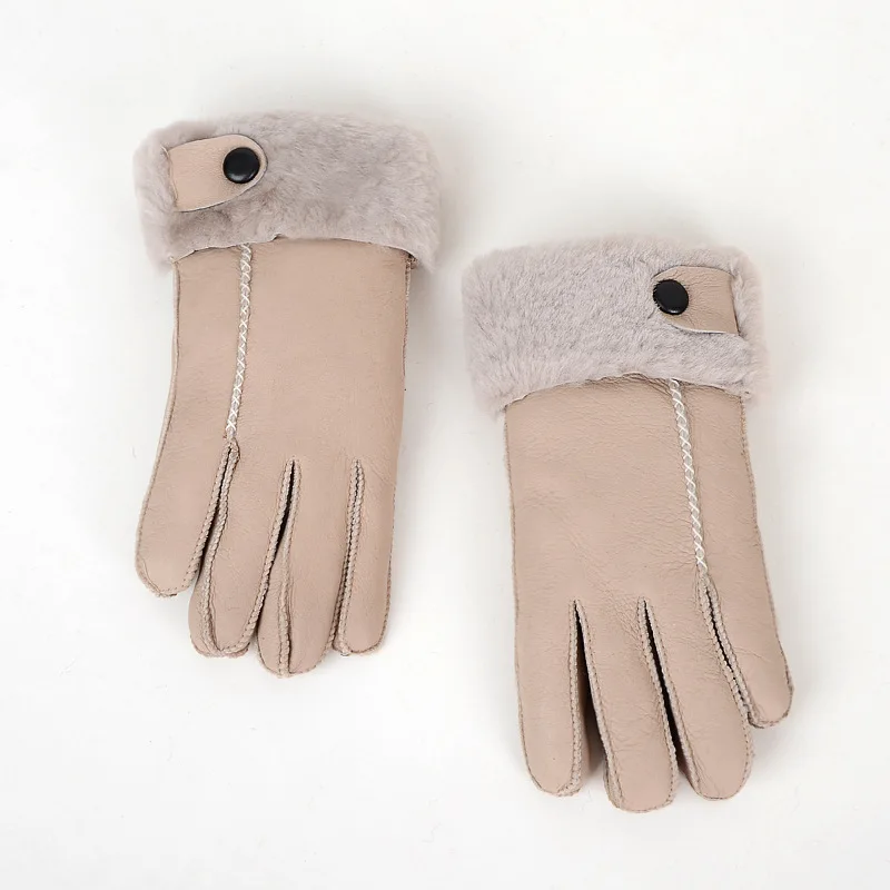 

Women Sheepskin Faux Fur Gloves Ladies Girls Warm Winter Wrist Gloves with button Female Black Beige Khaki Full Finger Gloves