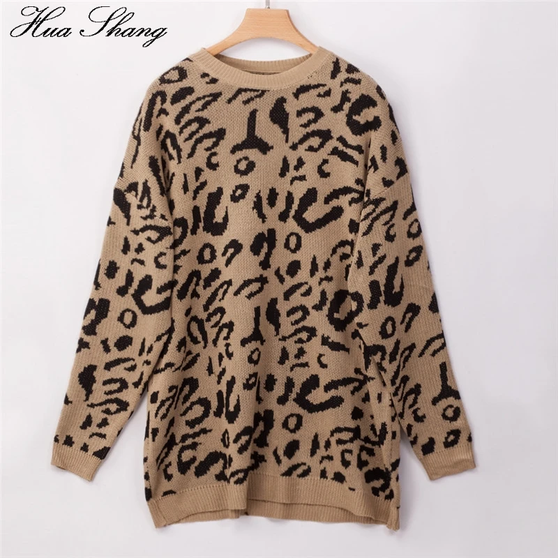Леопардовый Повседневный свитер женский Осень зима длинный рукав вязаный свободный размер d Плюс размер длинные свитера женские пуловеры