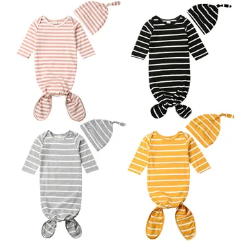 

2PCS Sleeping Bags + Hats Sets Newborn Baby Cotton Striped Swaddle Muslin Blanket Infant Wrap Set Receiving Blankets