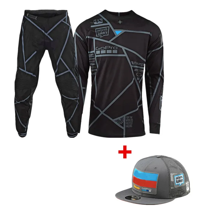 СТРИМ лиса Мотоцикл Джерси и брюки костюм со шляпой ATV MX Moto Combos внедорожный Мотокросс Снаряжение Набор подарок шляпа - Цвет: Черный