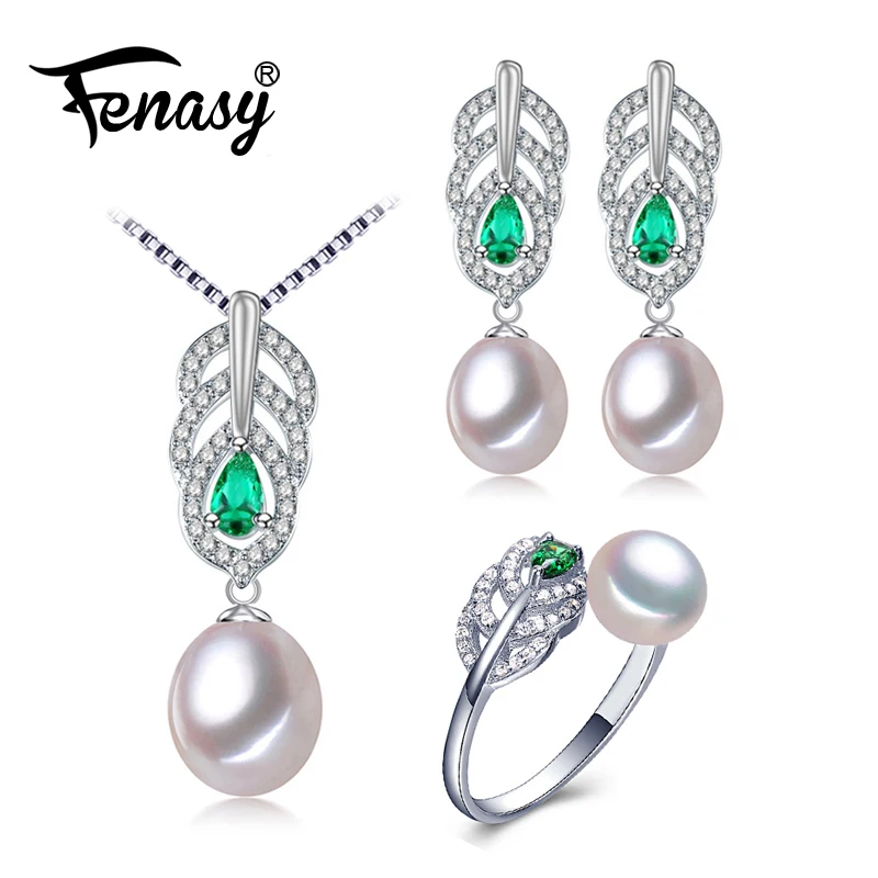 

FENASY 925 Sterling Silver Emerald Natural Pearl Jewelry Sets Bohemian Pendant Necklace Women Green Stones Drop Earrings Ring