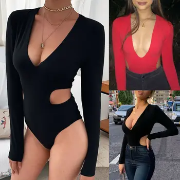 

Hot Women Bodysuit Long Sleeve V-Neck Bodysuit Leotard Hollow Romper Tops Bodysuit