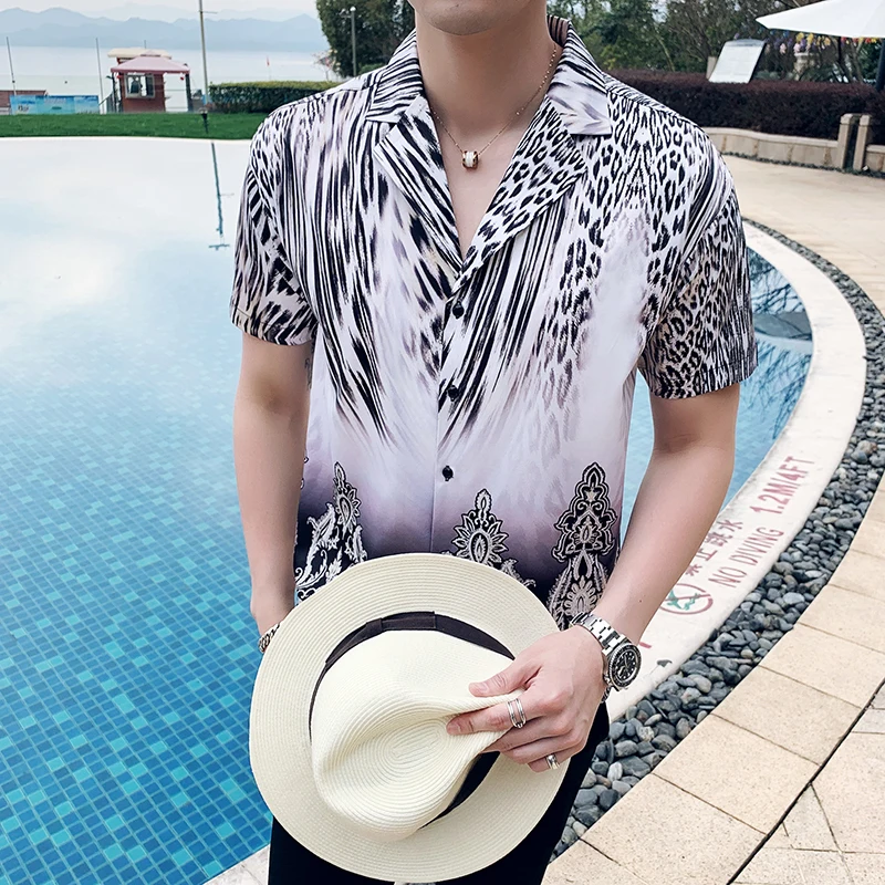 Ретро печати рубашки мужские летние с коротким рукавом Slim Fit гавайская рубашка мужские модные Клубные выпускные рубашки Camisa Masculina Social рубашка