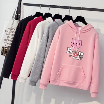 

ROPALIA Women Autumn Winter Simple Sweet Long Sleeve Cartoon Print Casual Loose Hooded Sweatshirt