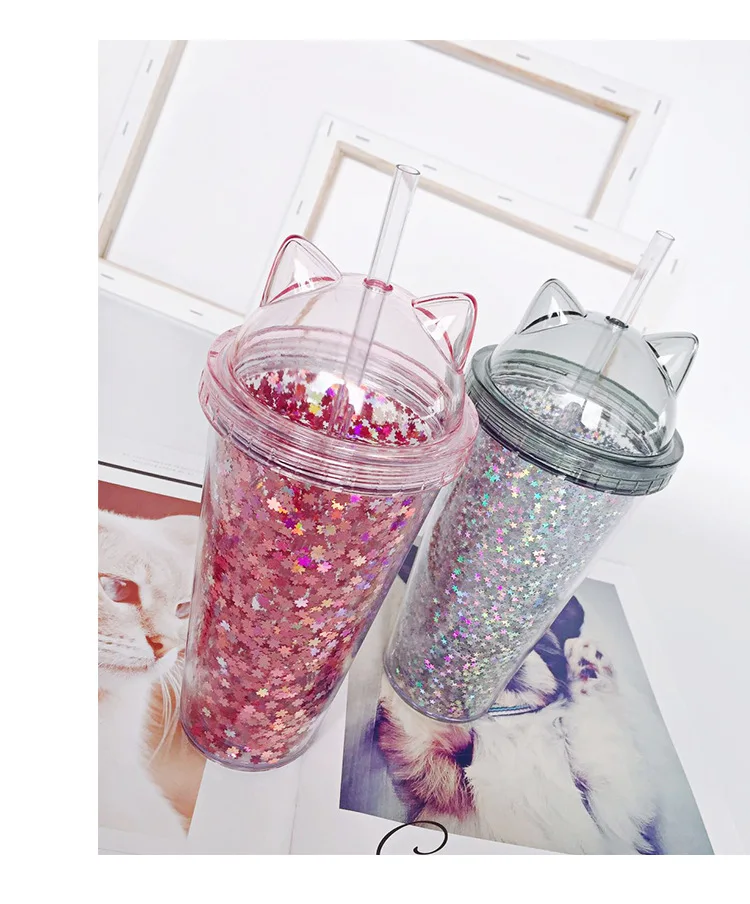 Double Layer Pipette Cup With Flash In The Shape Of Cat's Ear Candy Colors Tea Juice Coffee With Lid Straw Water Bottle Cups