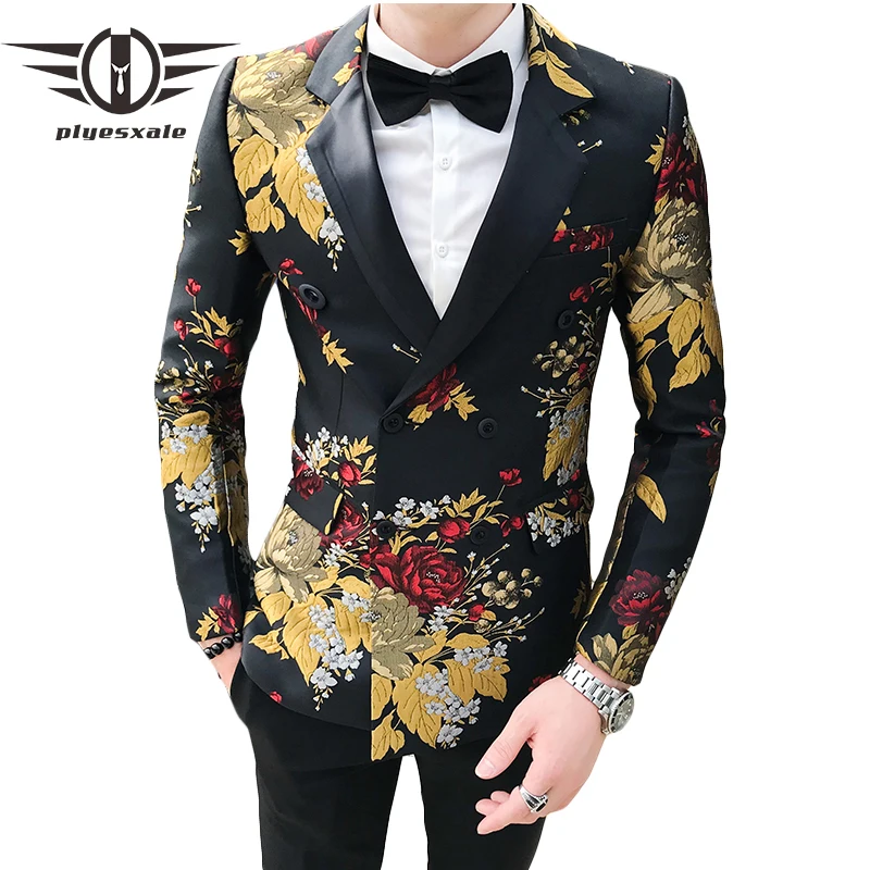 Для мужчин модные золотистого цвета с цветочным рисунком и блейзеры с принтом двубортный пиджак Для мужчин элегантные Повседневное пиджак-блейзер для мальчика Для мужчин платье для свадьбы выпускного Q782