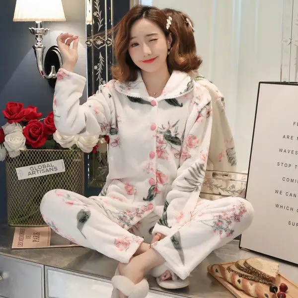pajamaset M-5XL, зимний пижамный комплект, для женщин, длинный рукав, фланелевый, толстый, коралловый бархат, мультяшная Пижама, длинная Пижама, милые животные, женский домашний костюм - Цвет: pajamaset