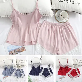 

New Women's Silk Satin Pajamas Set Sling Simulation Silk Pajamas Casual Wear M~XL /