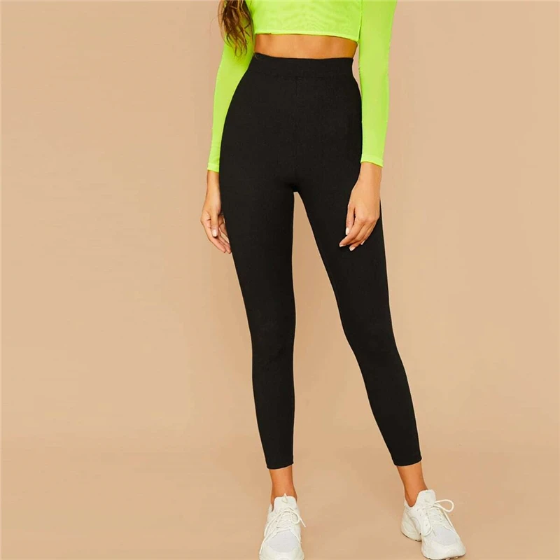 SHEIN черные однотонные ребристые трикотажные обтягивающие стандартные леггинсы женские штаны осенняя одежда для активного отдыха эластичные укороченные повседневные брюки