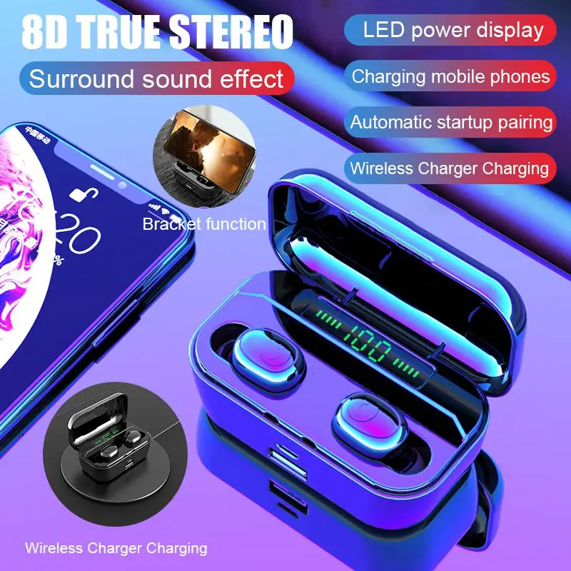 F9 TWS V5 0 Bluetooth Headset Wireless Sport Wireless Earphones Earphone with LED 2000 mAh Charging Bin Phone Holder