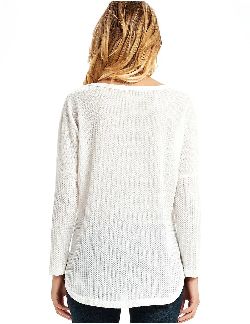 Женские футболки с глубоким v-образным вырезом, с длинным рукавом, вафельная трикотажная туника, топы, Свободные повседневные футболки