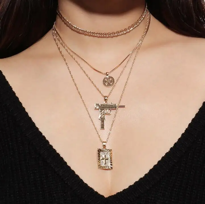 Модная подвеска крест пистолет ожерелье для женщин золото многослойное Ожерелье