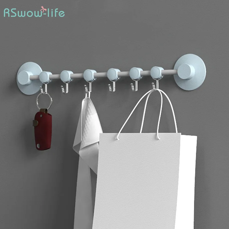 

Nordic Style Nail-Free Wall-Mounted Movable Row 6-Hook Punch-Free Toilet Strong Sucker Bathroom Door Hooks Towel Keys Hanger